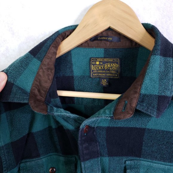 Lucky Brand Men's L Classic Fit Saturday Stretch Plaid Flannel Teal Navy Shirt - Picture 5 of 7